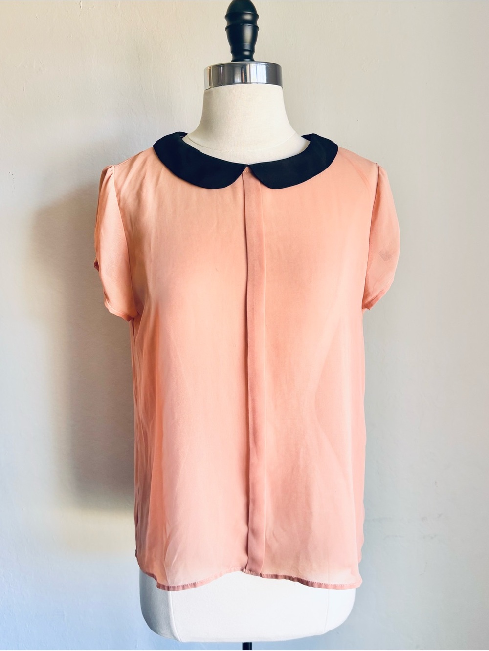 Zara Trafaluc Peach Sheer Short Sleeve Blouse Black Peter Pan Collar